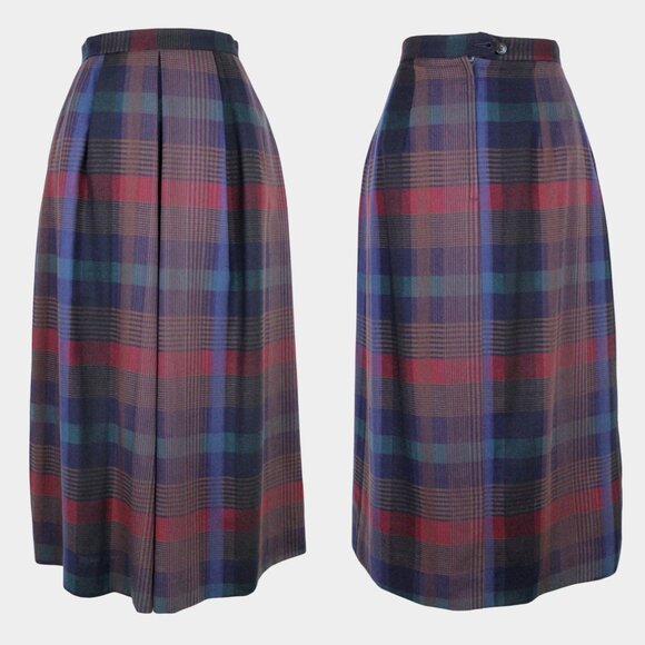 Vintage 70s / 80s Pleated Purple Plaid Midi Skirt w/ Pockets Size Small - Picture 1 of 7